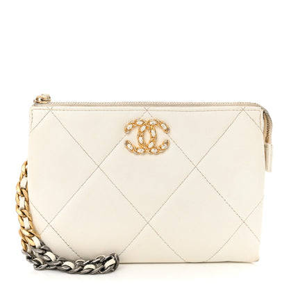 Chanel Shiny Goatskin Quilted Chanel 19 Small Pouch With Handle White 1 of 13