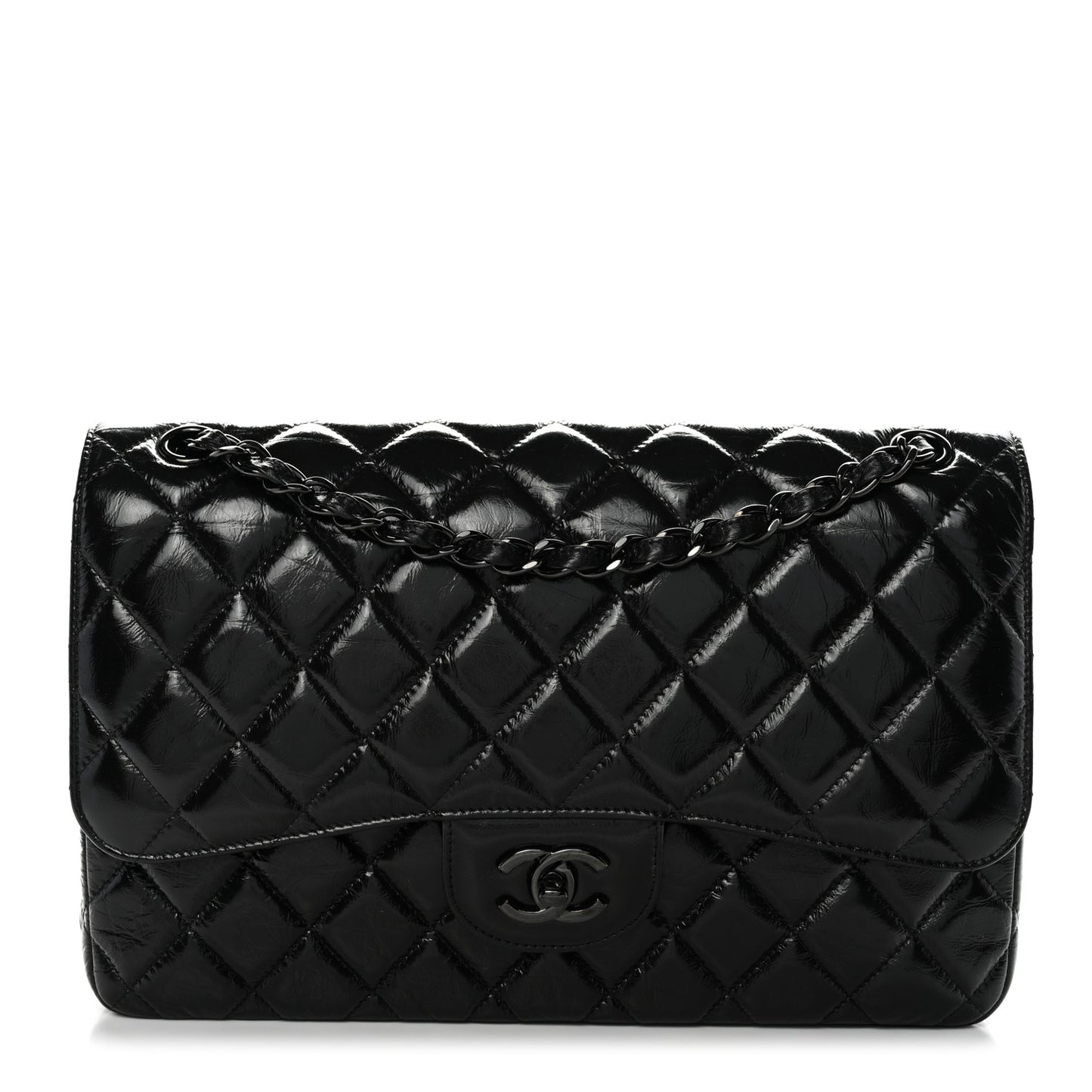Shiny Distressed Calfskin Quilted Jumbo Double Flap So Black
