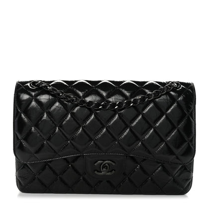 Chanel Shiny Distressed Calfskin Quilted Jumbo Double Flap So Black 1 of 12