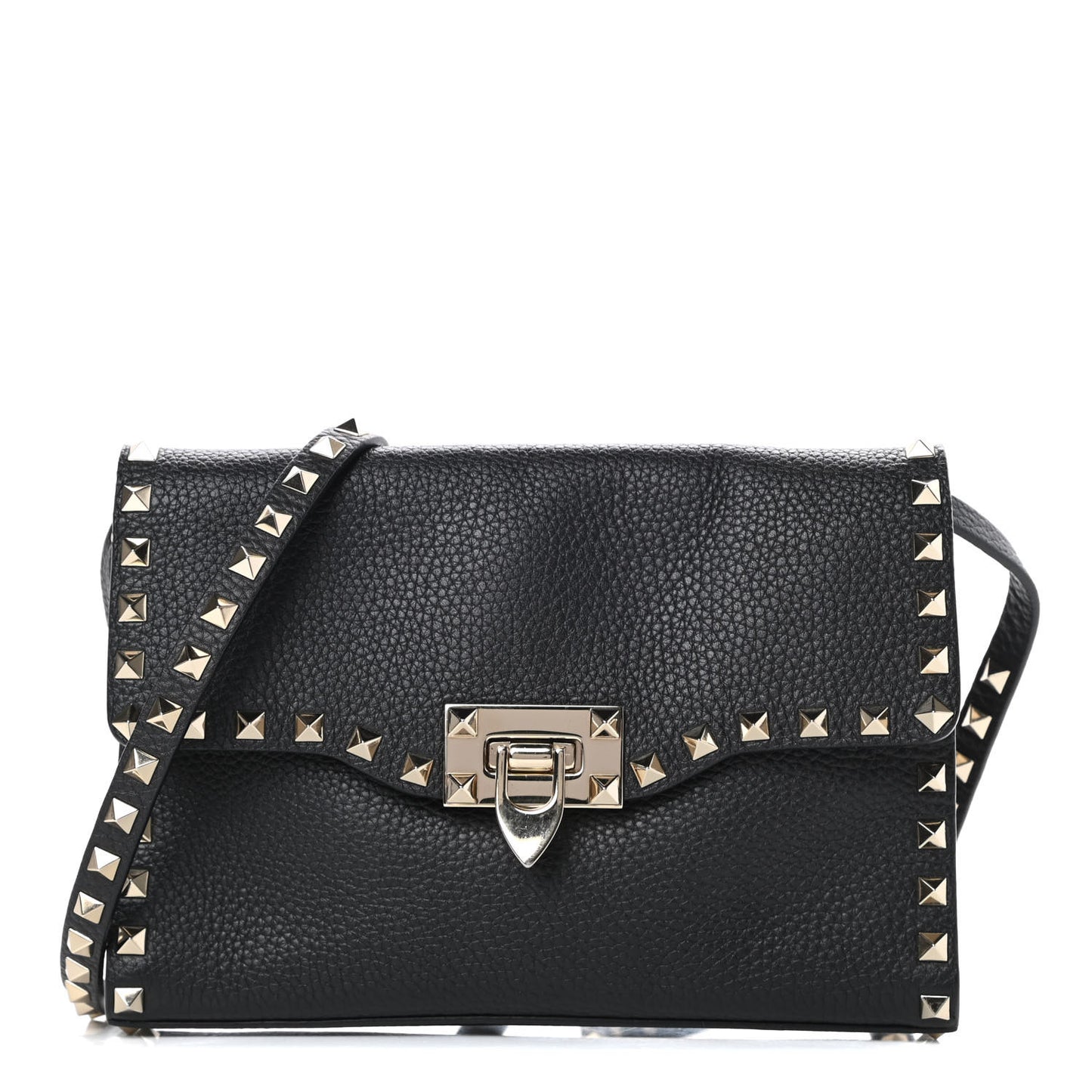 Pebbled Calfskin Medium Rockstud Flip Lock Crossbody Bag Black