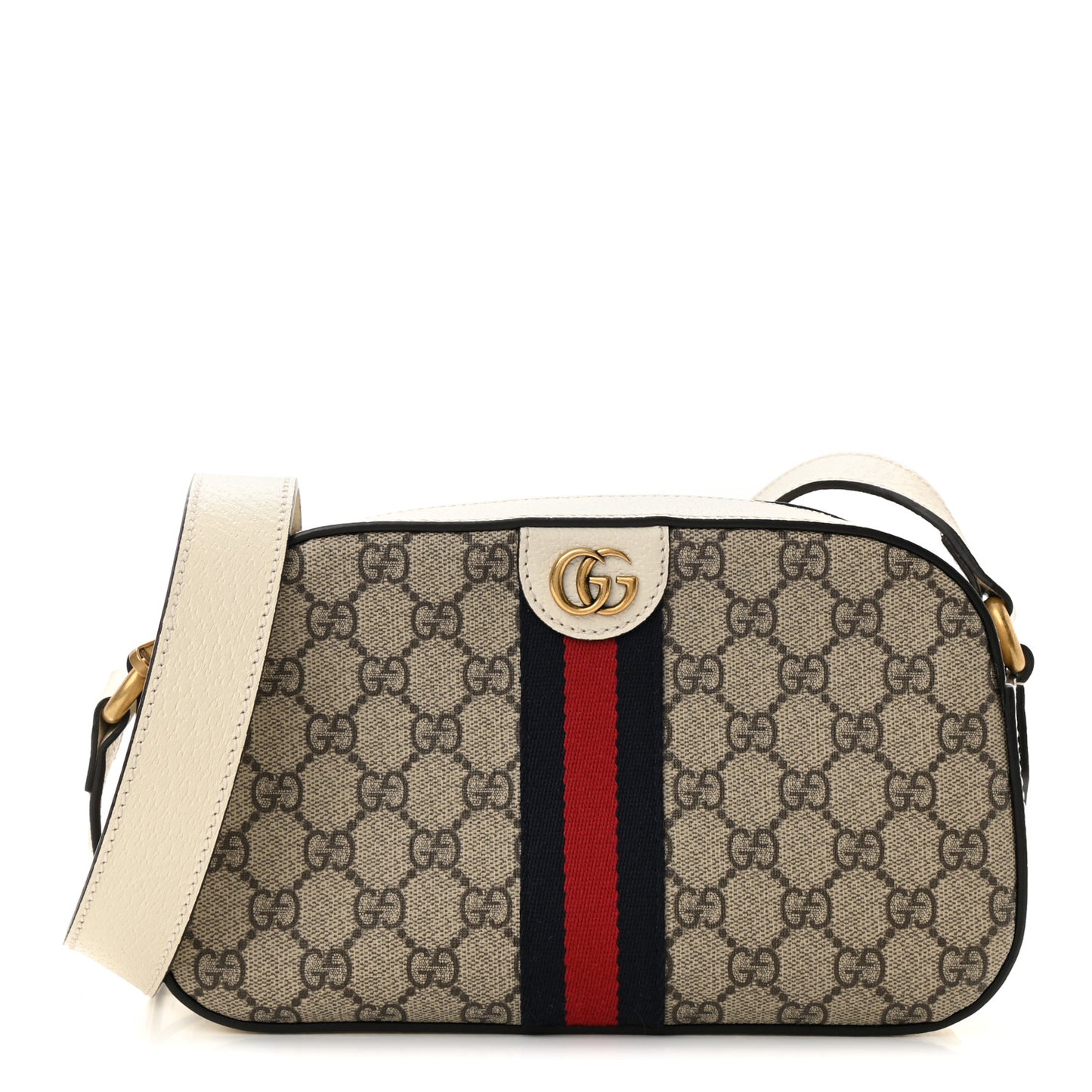 GG Supreme Monogram Textured Calfskin Web Small Ophidia Camera Bag Beige Ebony Mystic White