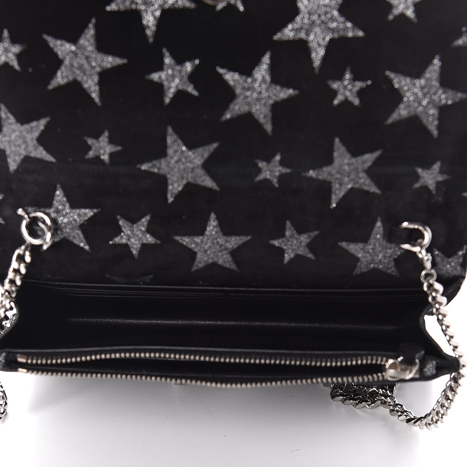 Saint Laurent Suede Star Print Monogram Tassel Chain Wallet Black Silver 7 of 10