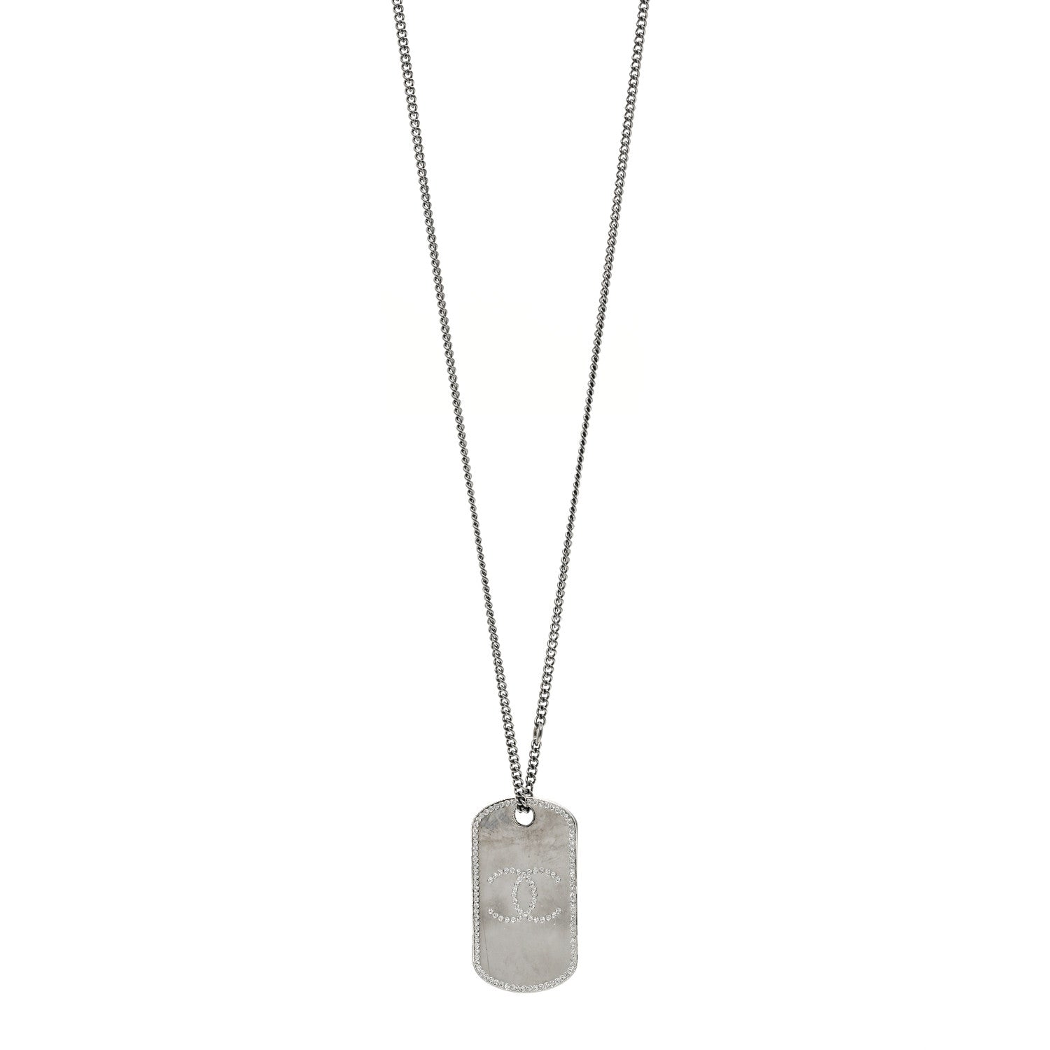 Chanel Metal Crystal Ruthenium Dog Tag Charm Necklace Black 1 of 5