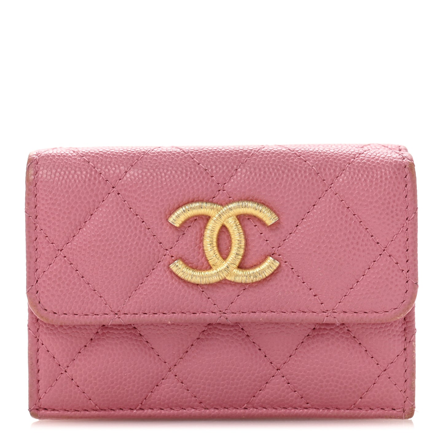 Caviar Quilted Textured CC Small Tri-Fold Flap Wallet Pink
