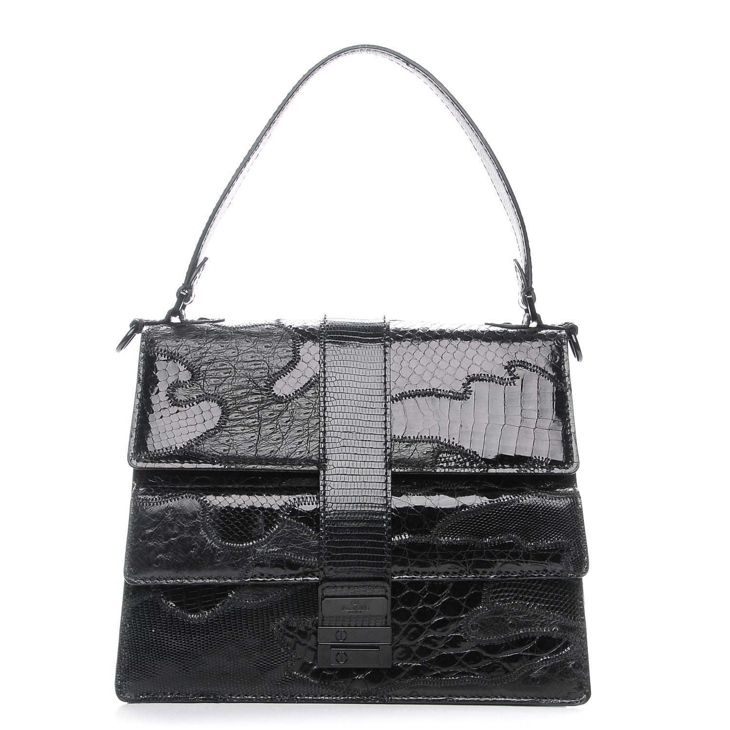 Valentino Garavani Lizard Ostrich Snakeskin Alligator Satchel Black 1 of 6