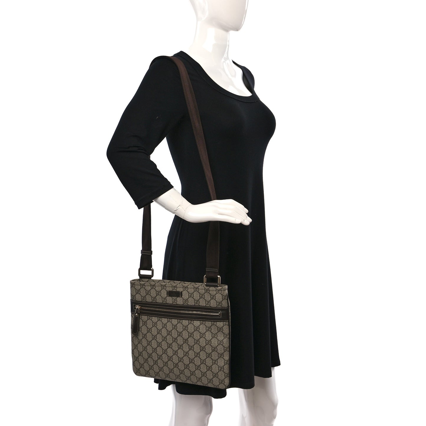 GG Supreme Monogram Selleria Calfskin Small Flat Side Zip Messenger Bag Beige Ebony Cocoa Dark Chocolate