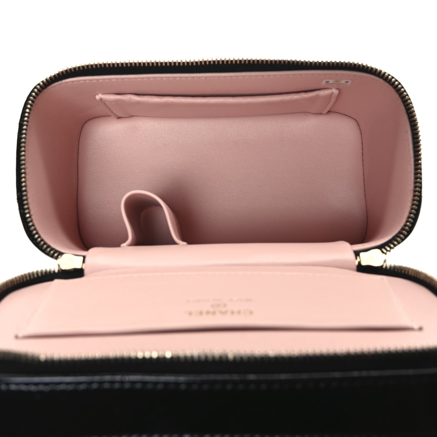 Shiny Lambskin Quilted Top Handle Vanity Case With Chain Black