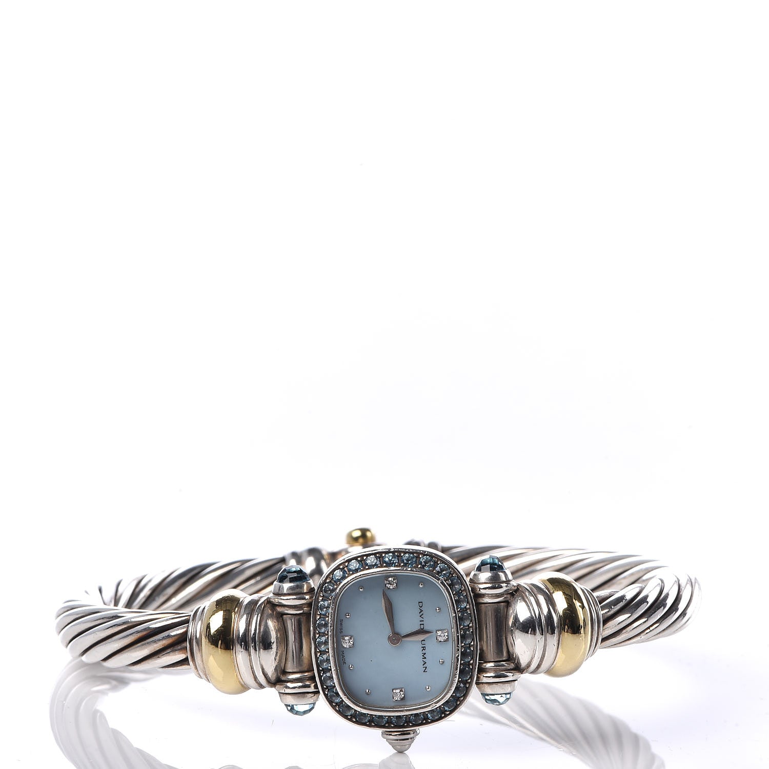 David Yurman Sterling Silver 18K Yellow Gold Diamond Blue Mother of Pearl Blue Topaz 21mm Classic Cable Quartz Watch 3 of 7