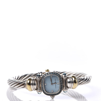 David Yurman Sterling Silver 18K Yellow Gold Diamond Blue Mother of Pearl Blue Topaz 21mm Classic Cable Quartz Watch 3 of 7