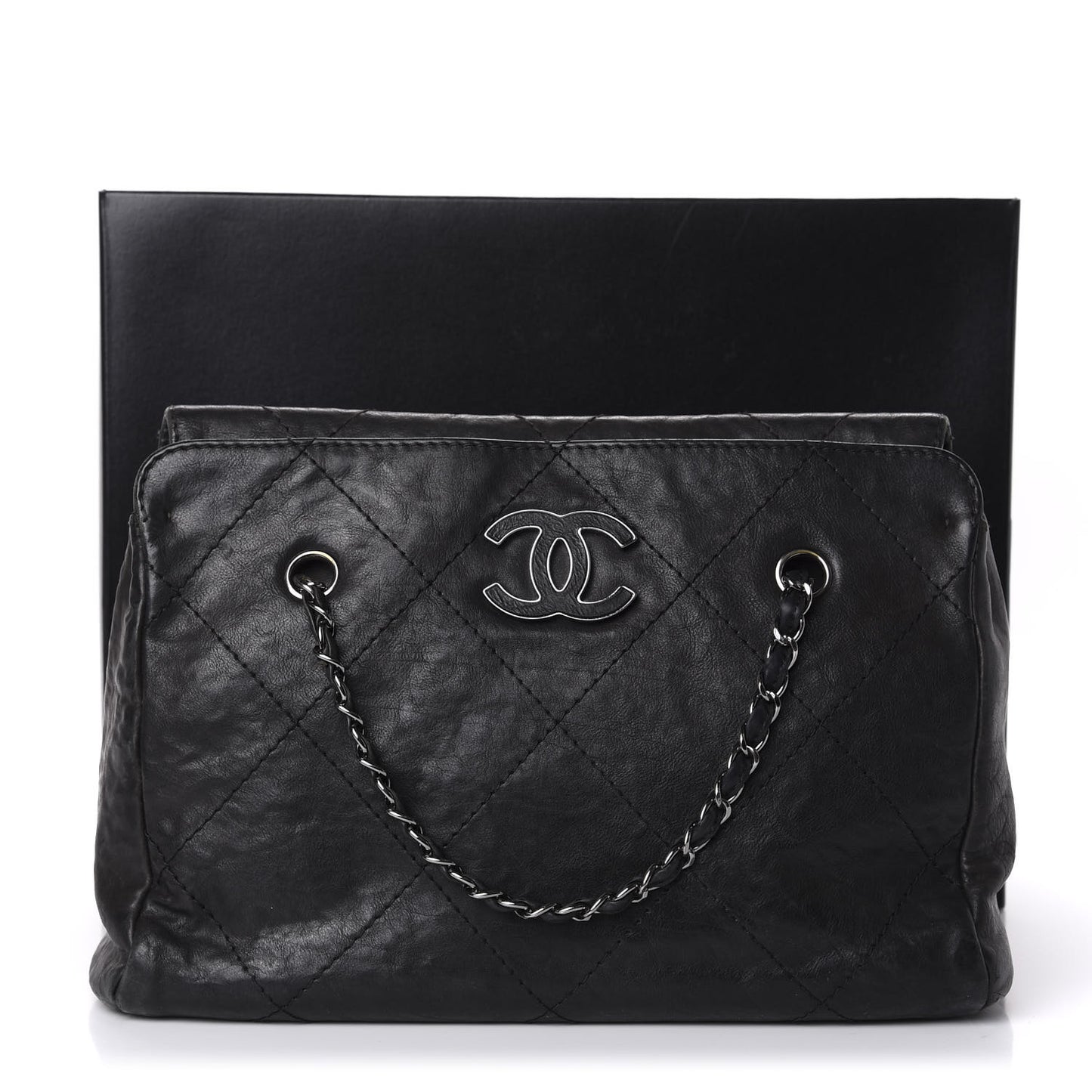 Washed Calfskin Diamond Stitch Large Hamptons Shopping Tote Black