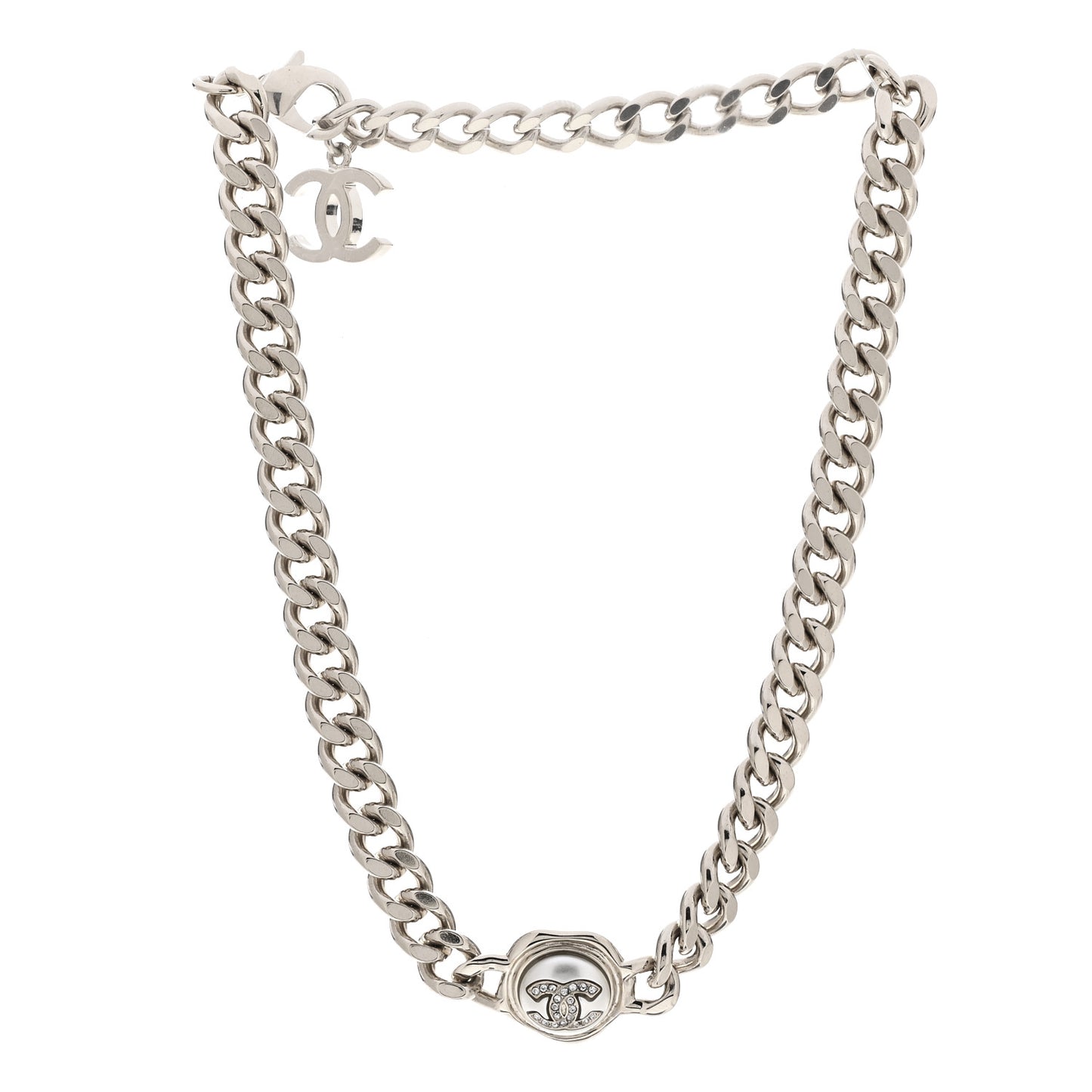 Pearl Crystal CC Chain Choker Necklace Silver