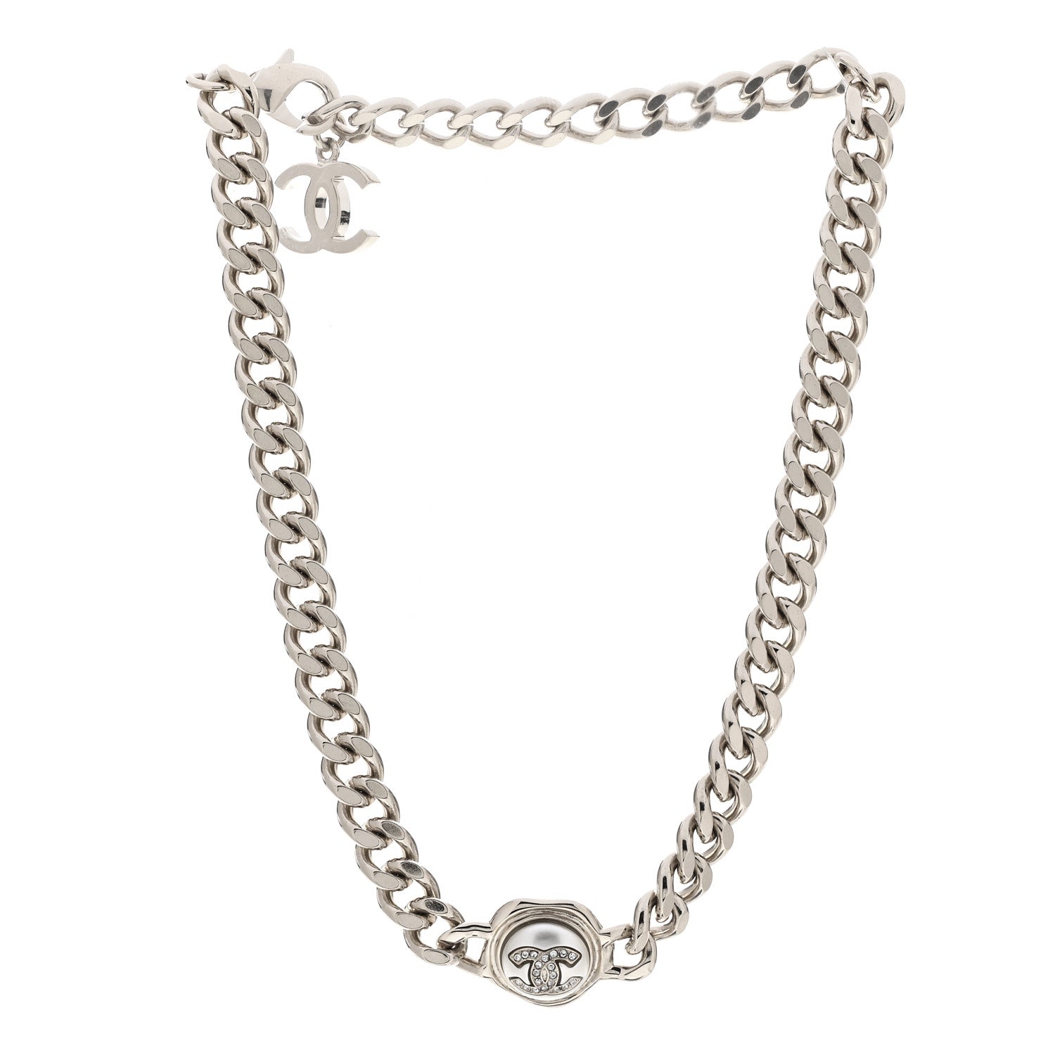 Chanel Pearl Crystal CC Chain Choker Necklace Silver 2 of 3