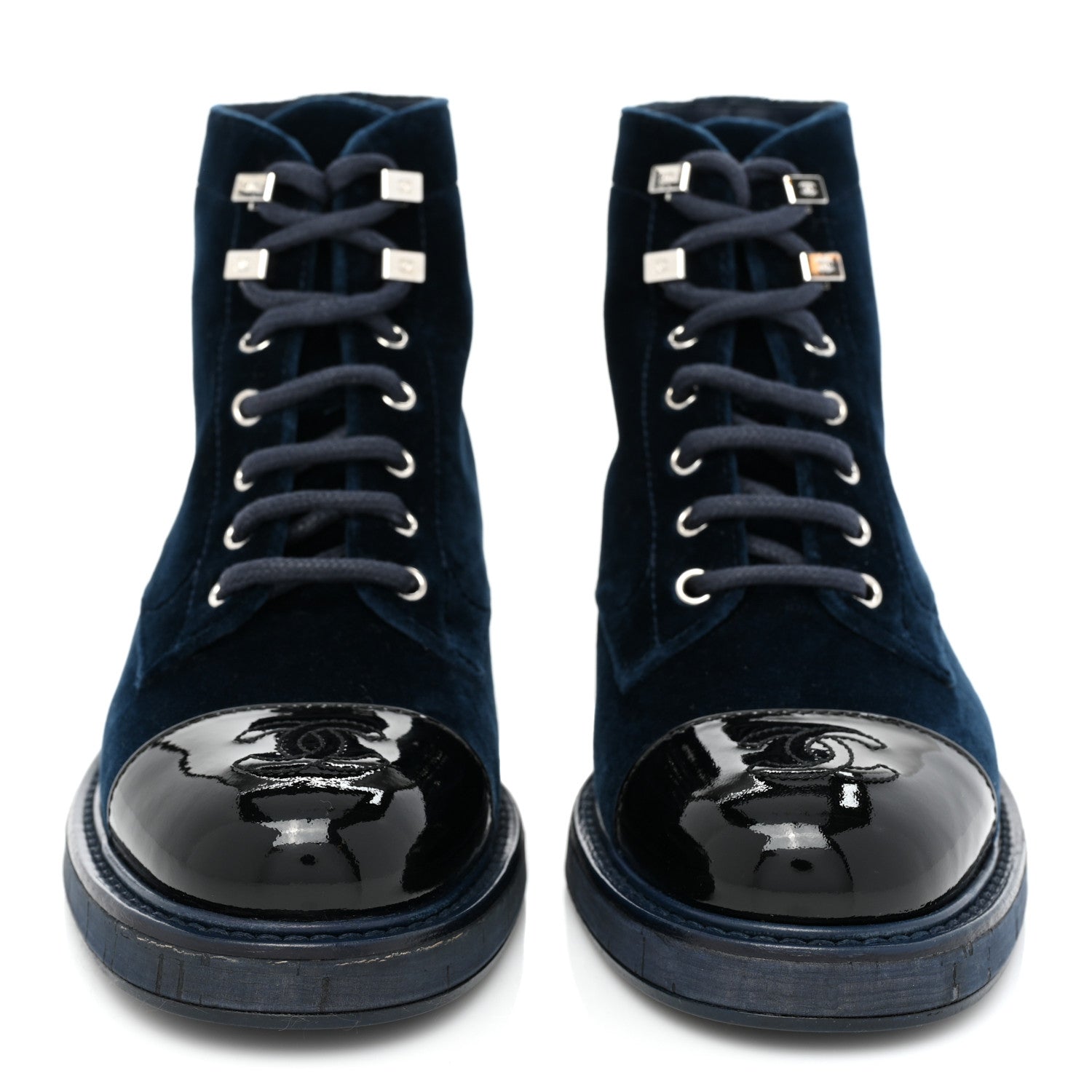 Chanel Velvet Patent Cap Toe CC Lace Up Combat Boots 37 Blue Black 2 of 10