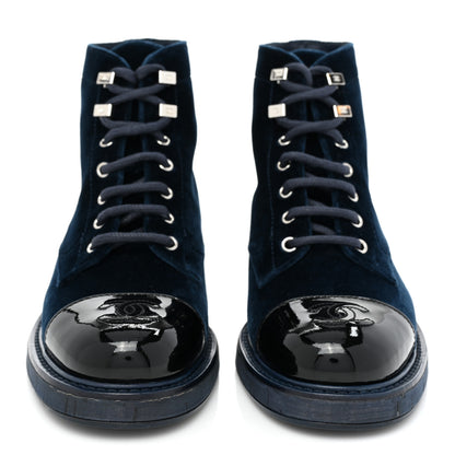 Chanel Velvet Patent Cap Toe CC Lace Up Combat Boots 37 Blue Black 2 of 10