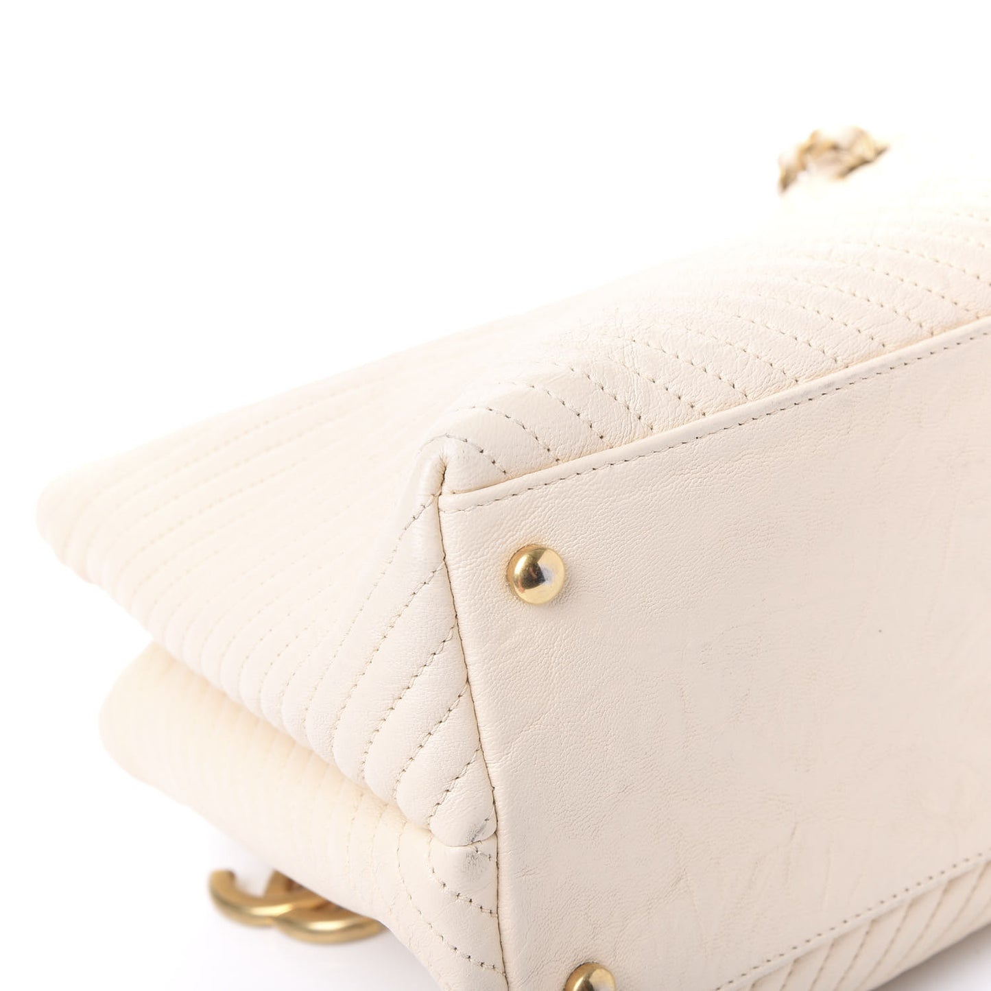 Wrinkled Lambskin Chevron Quilted Surpique Tote White