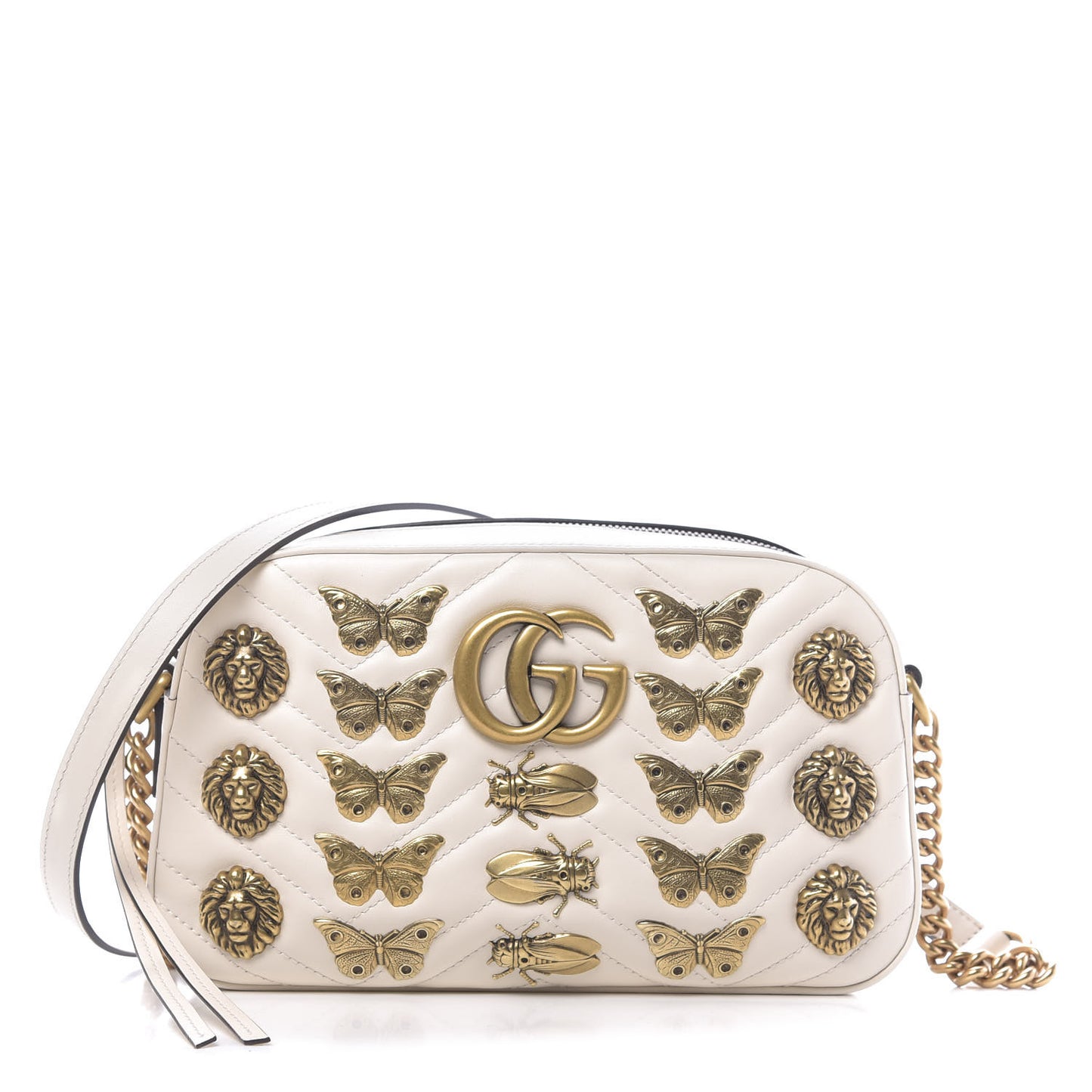 Calfskin Matelasse Animal Studs Small GG Marmont Chain Shoulder Bag White