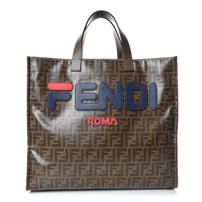 Fendi X FILA Glazed Fabric FF 1974 Mania Shopping Tote Bag Mogano Panna Blueberry 1 of 20