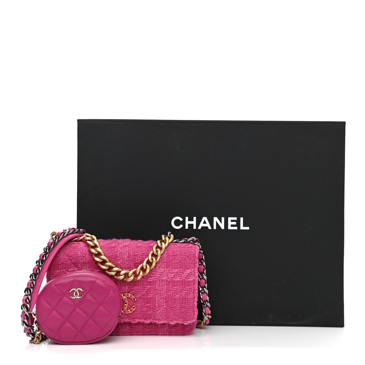 Wool Tweed Lambskin Quilted Chanel 19 Wallet On Chain WOC and Coin Purse Fuchsia
