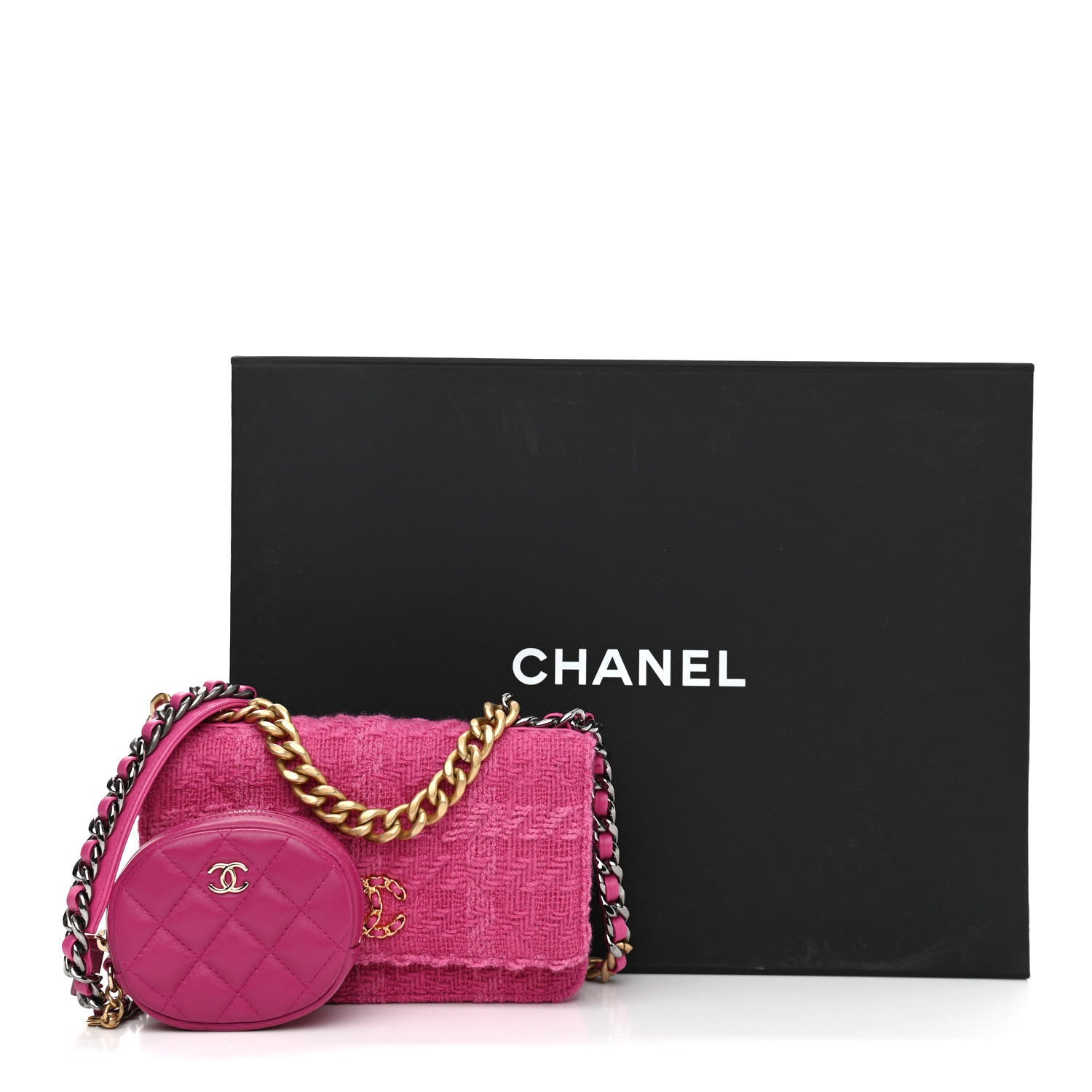 Chanel Wool Tweed Lambskin Quilted Chanel 19 Wallet On Chain WOC and Coin Purse Fuchsia 13 of 13