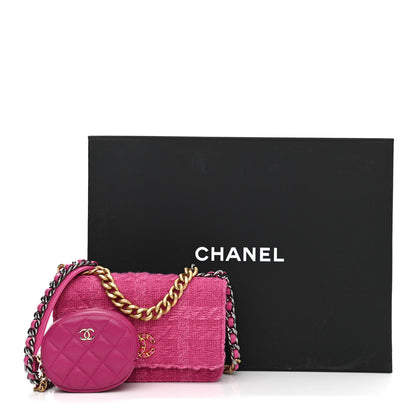 Chanel Wool Tweed Lambskin Quilted Chanel 19 Wallet On Chain WOC and Coin Purse Fuchsia 13 of 13