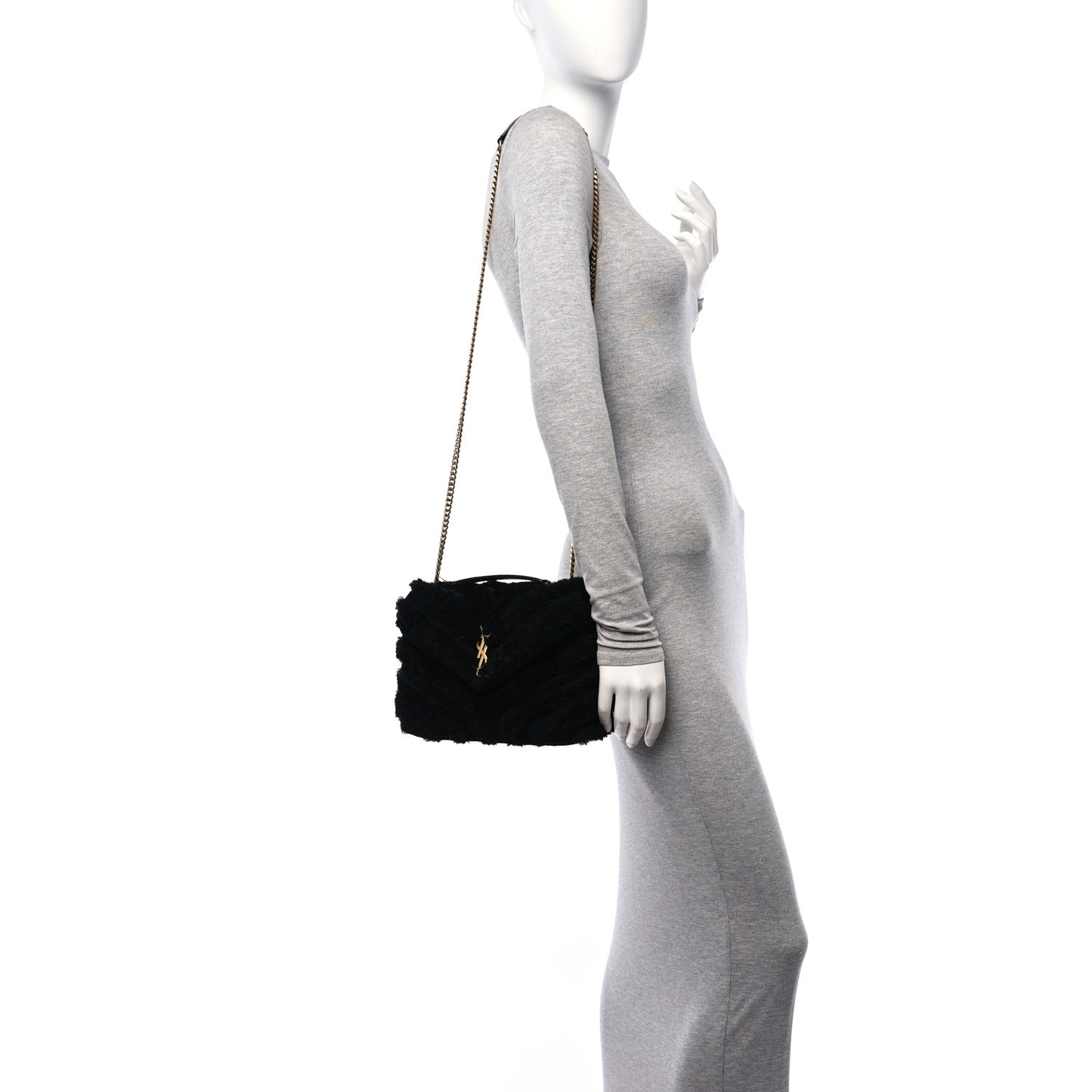 Suede Shearling Y Quilted Monogram Small Loulou Chain Satchel Black