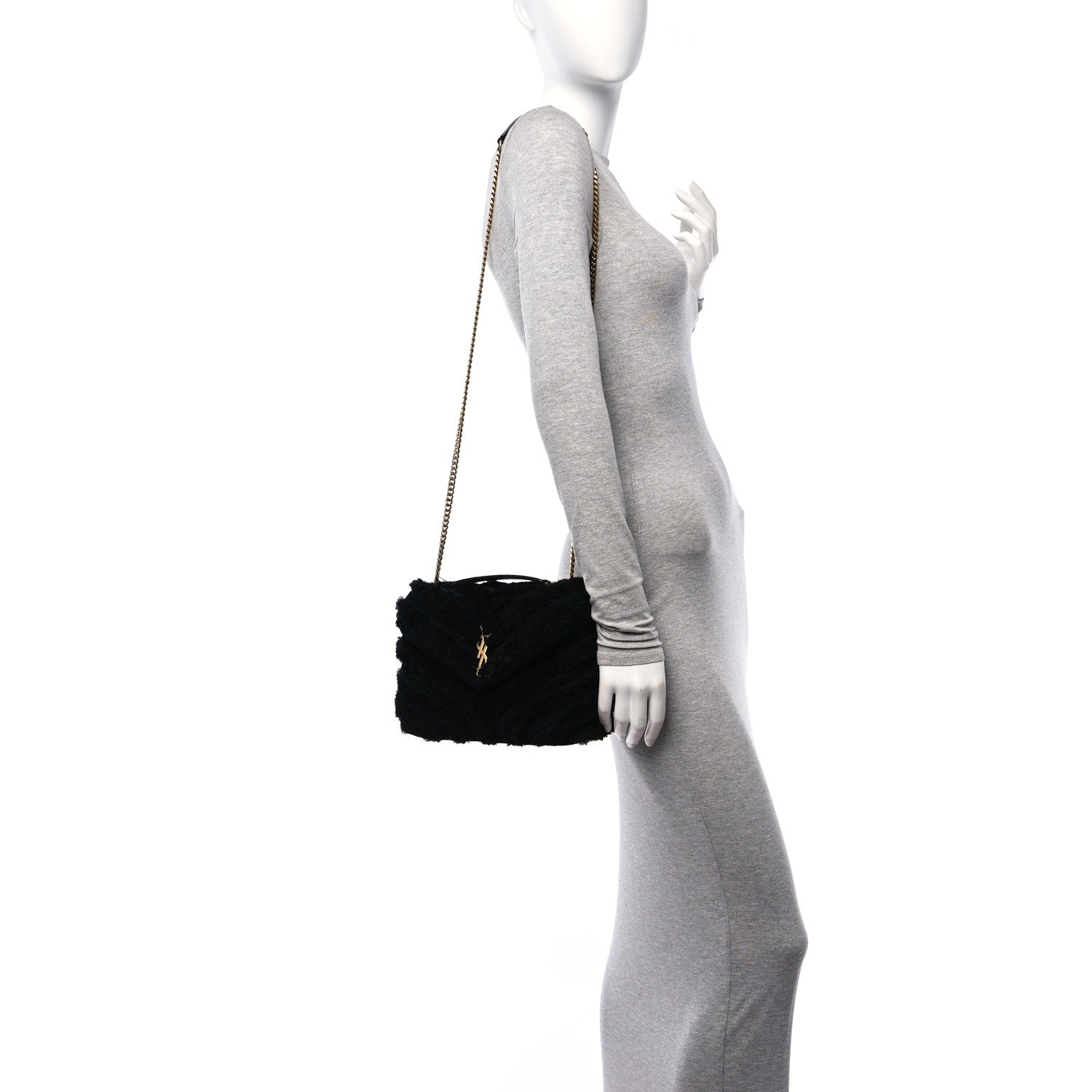 Saint Laurent Suede Shearling Y Quilted Monogram Small Loulou Chain Satchel Black 2 of 11