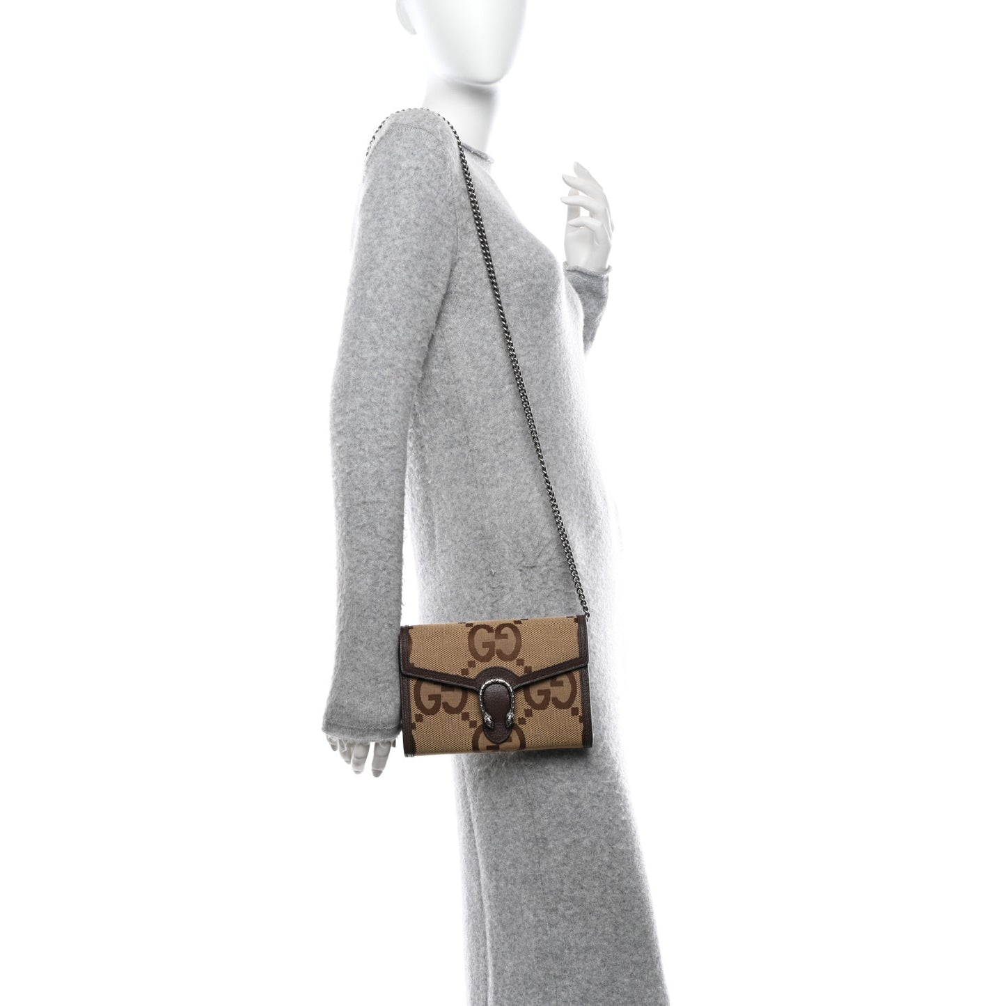 Monogram Jumbo GG Textured Dollar Calfskin Mini Dionysus Chain Wallet Camel Ebony New Acero