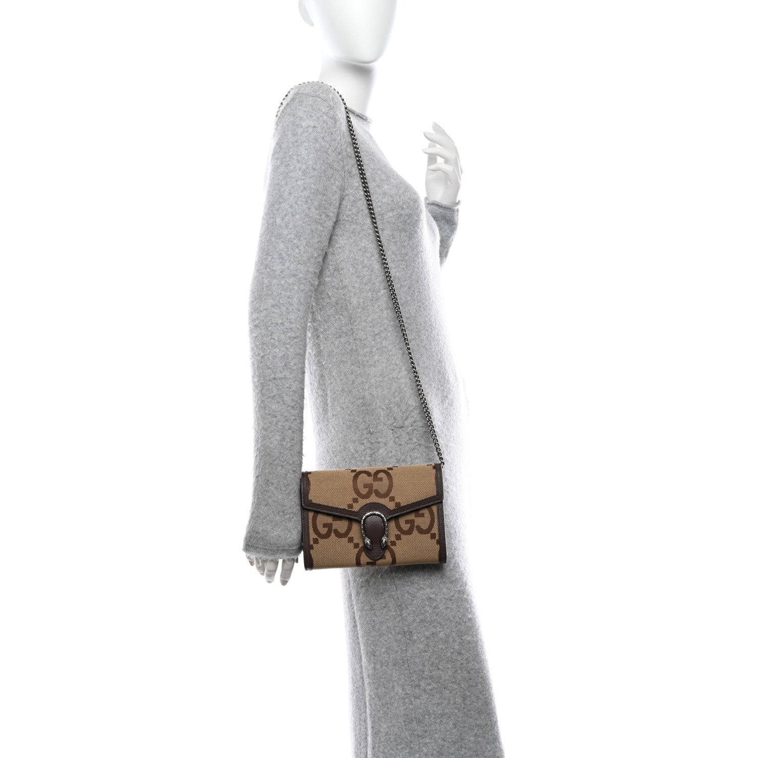 Gucci Monogram Jumbo GG Textured Dollar Calfskin Mini Dionysus Chain Wallet Camel Ebony New Acero 2 of 12