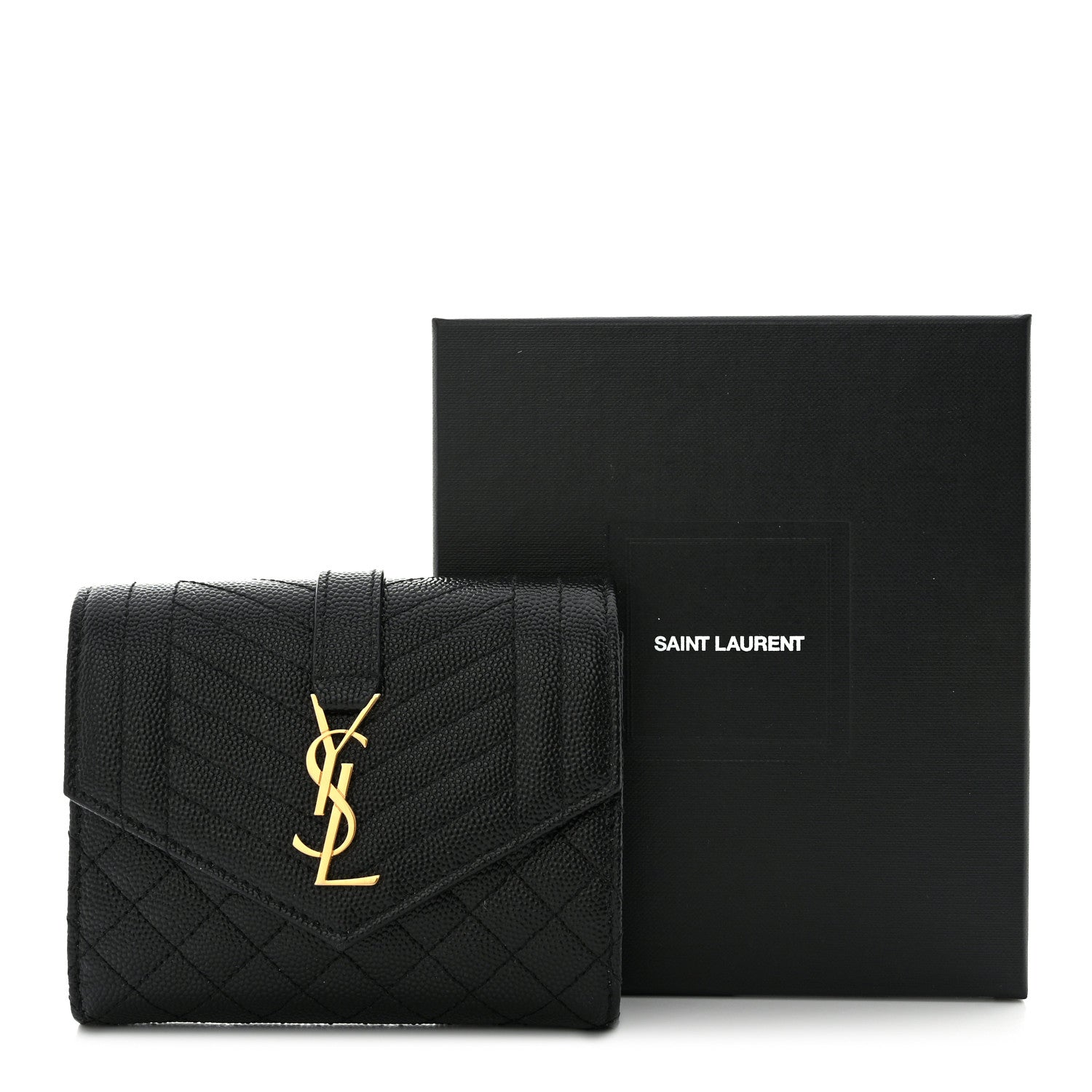 Saint Laurent Grain De Poudre Mixed Matelasse Triquilt Monogram Compact Tri Fold Wallet Black 10 of 10