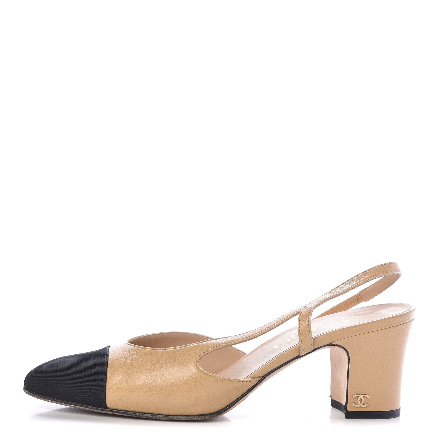 Chanel Goatskin Grosgrain Cap Toe CC Slingback Pumps 38.5 Beige Black 1 of 15