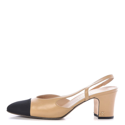 Chanel Goatskin Grosgrain Cap Toe CC Slingback Pumps 38.5 Beige Black 1 of 15