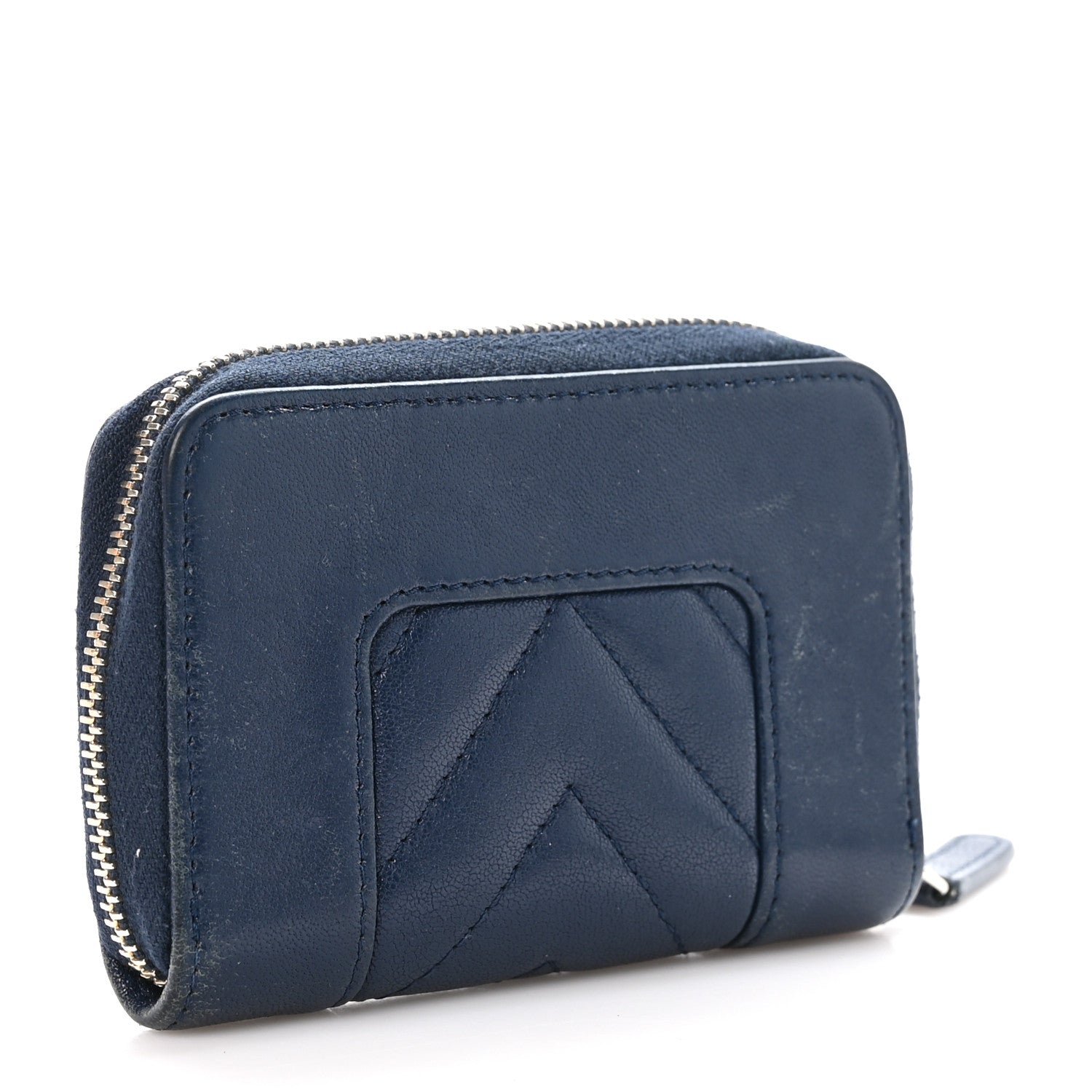 Chanel Sheepskin Chevron Quilted Vintage Mademoiselle Zip Coin Purse Dark Blue 3 of 8