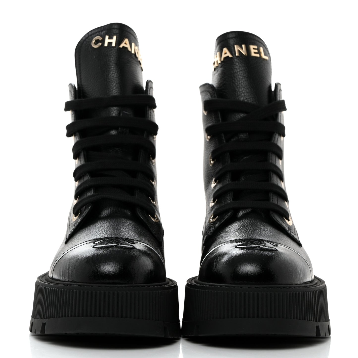 Grained Calfskin Shiny Calfskin CC Lace Up Combat Boots 37.5 Black
