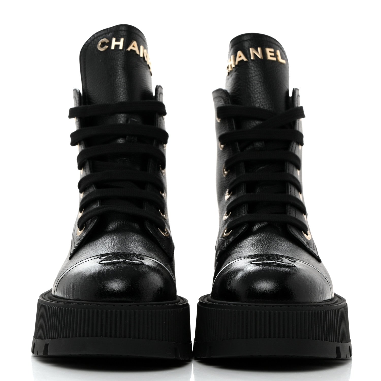 Chanel Grained Calfskin Shiny Calfskin CC Lace Up Combat Boots 37.5 Black 2 of 8