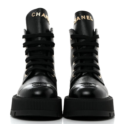 Chanel Grained Calfskin Shiny Calfskin CC Lace Up Combat Boots 37.5 Black 2 of 8