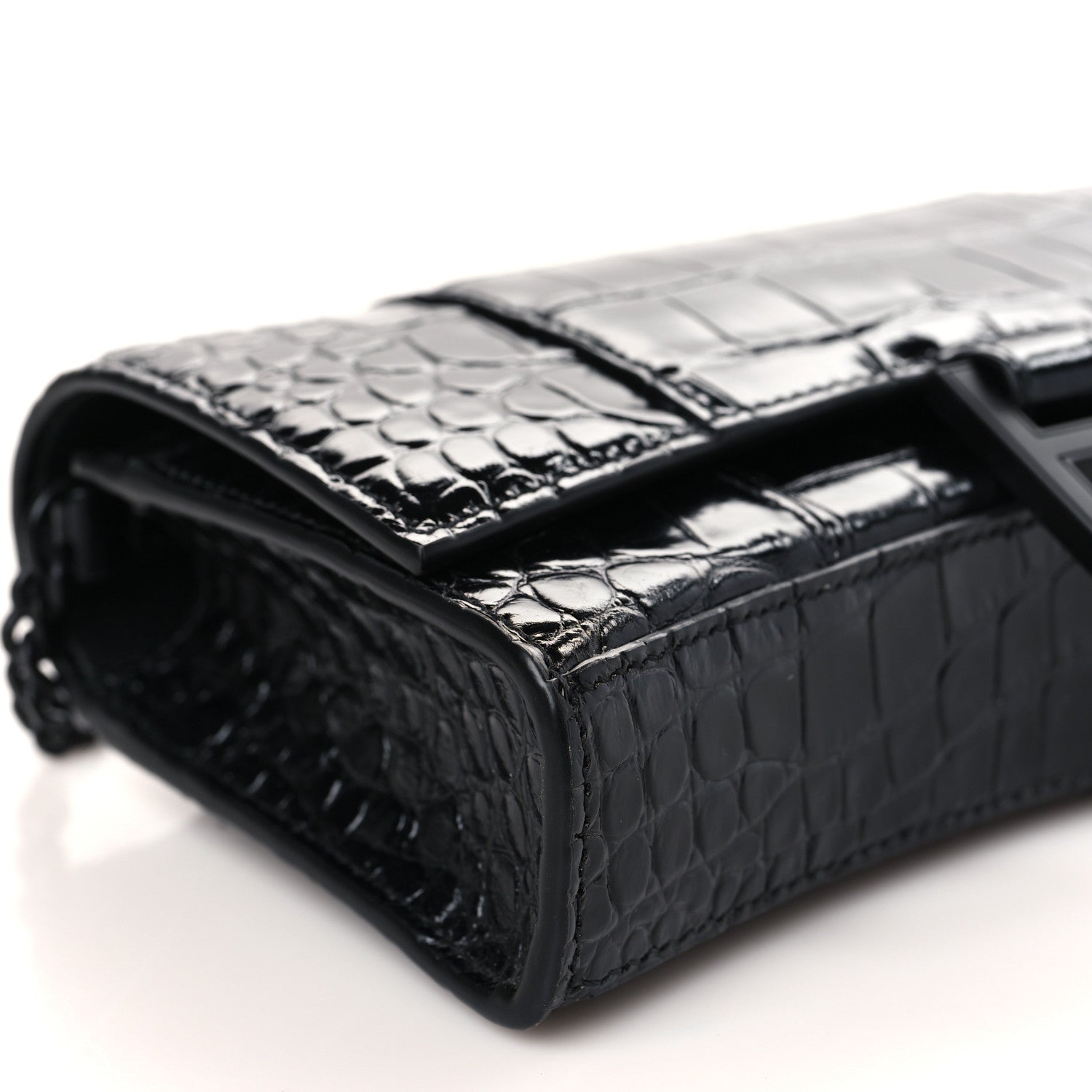Balenciaga Shiny Calfskin Monochrome Crocodile Embossed Hourglass Chain Bag Black 7 of 8