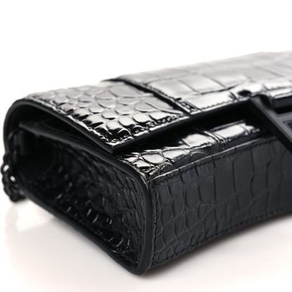 Balenciaga Shiny Calfskin Monochrome Crocodile Embossed Hourglass Chain Bag Black 7 of 8