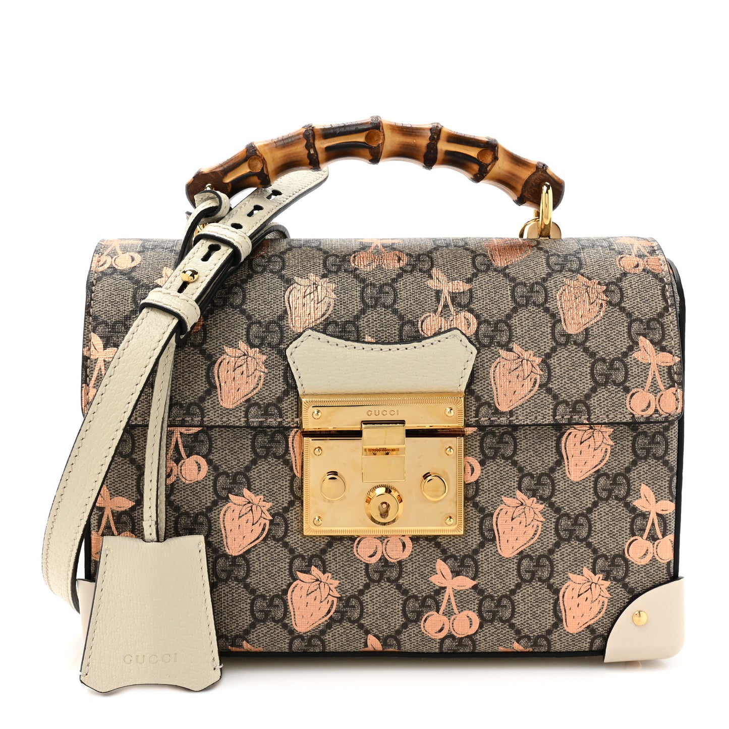 GG Supreme Monogram Berry Textured Dollar Calfskin Small Padlock Bamboo Shoulder Bag Beige Ebony Light Copper Mystic White