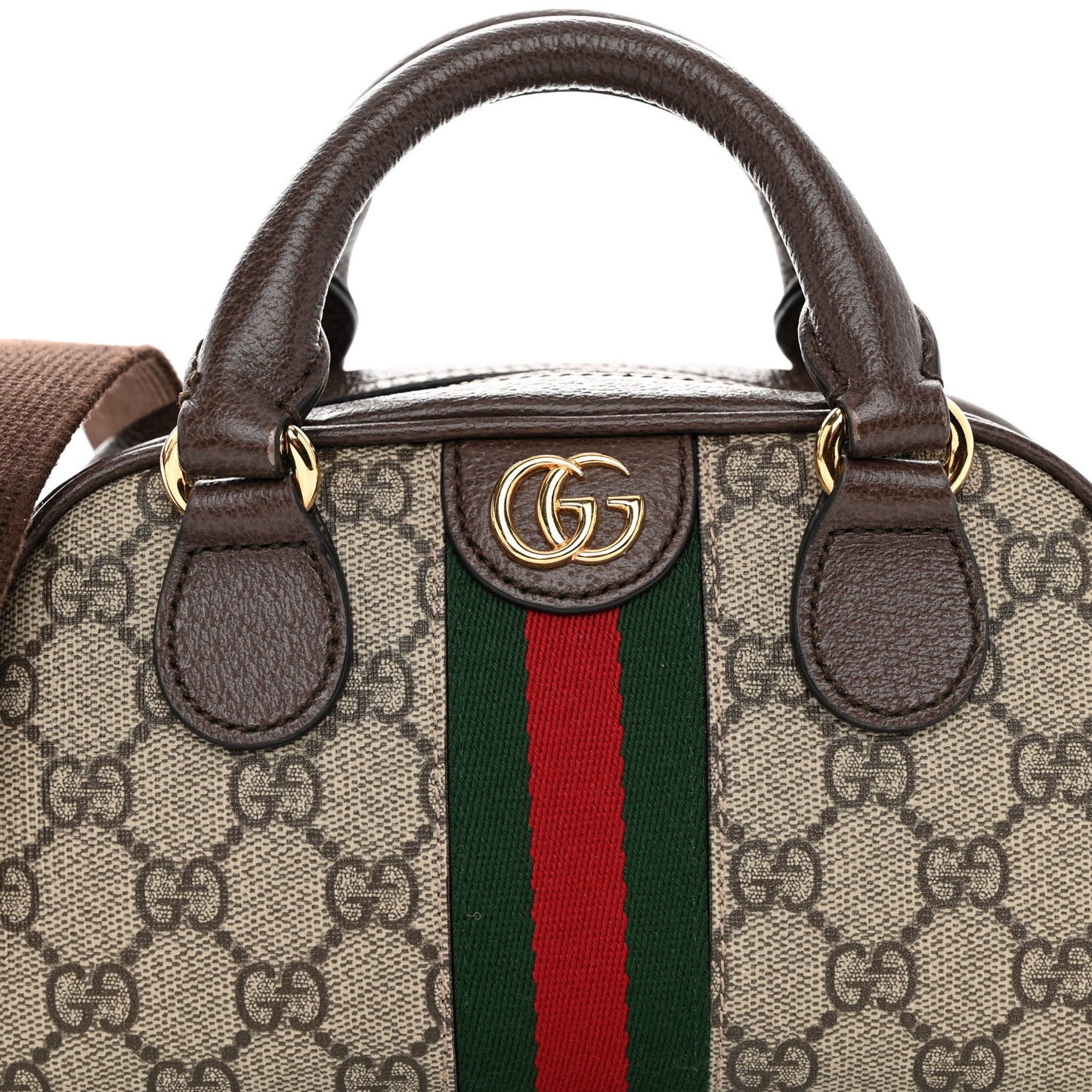 GG Supreme Monogram Textured Dollar Calfskin Web Mini Ophidia Top Handle Bowler Bag Beige Ebony New Acero