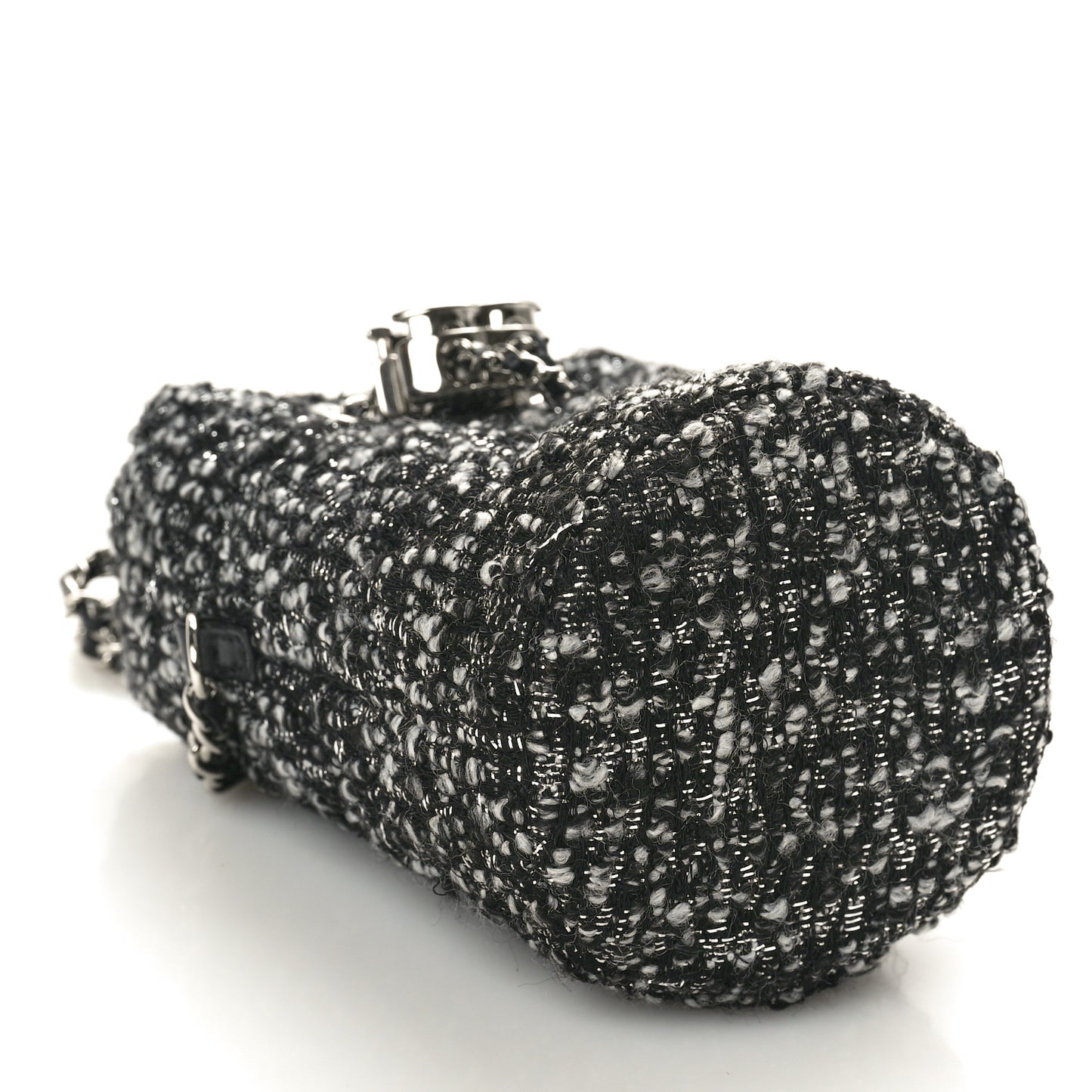 Tweed Mini Bucket Drawstring Bag Black Silver