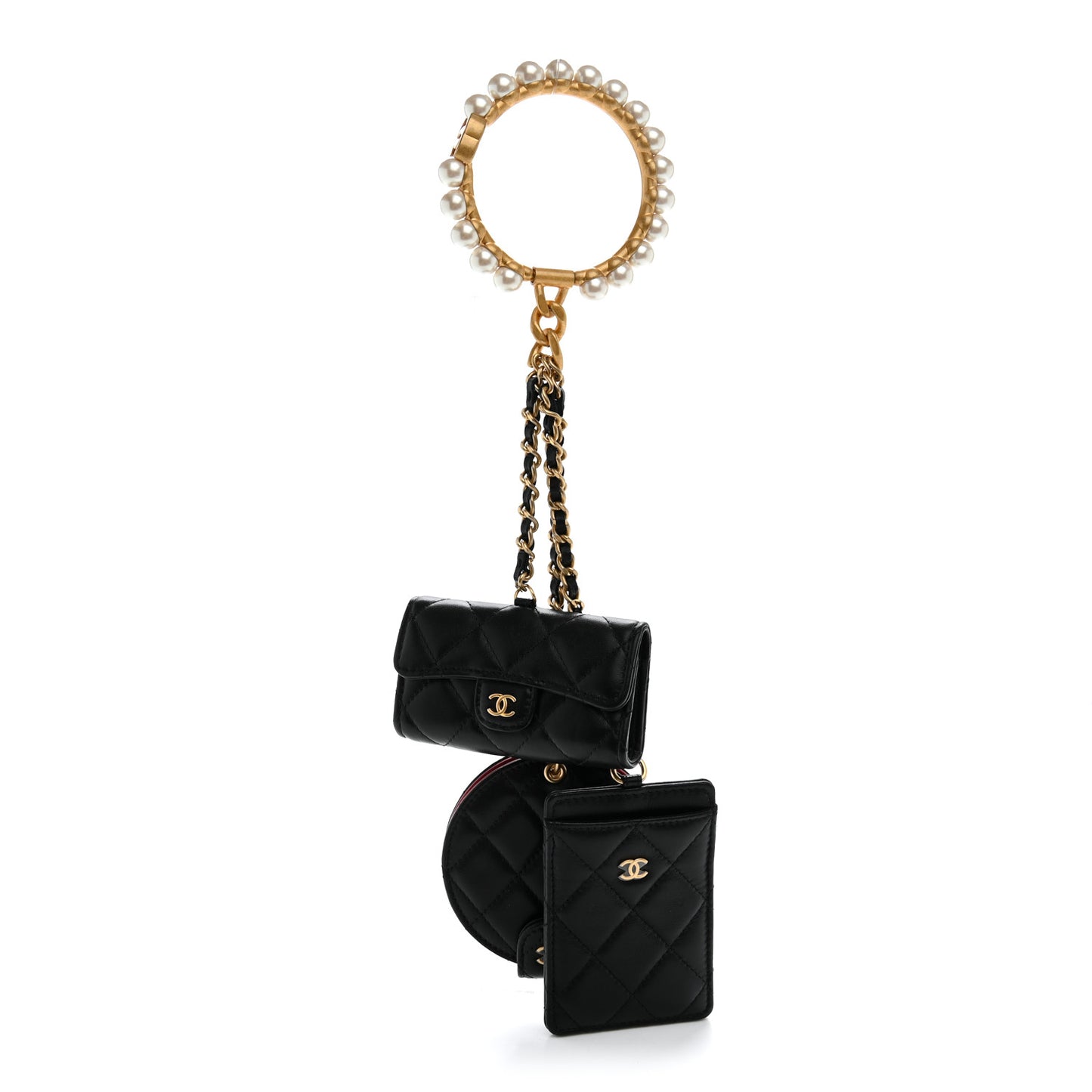Pearl Lambskin Pearl Crown CC Wristlet Multi Pouches Black
