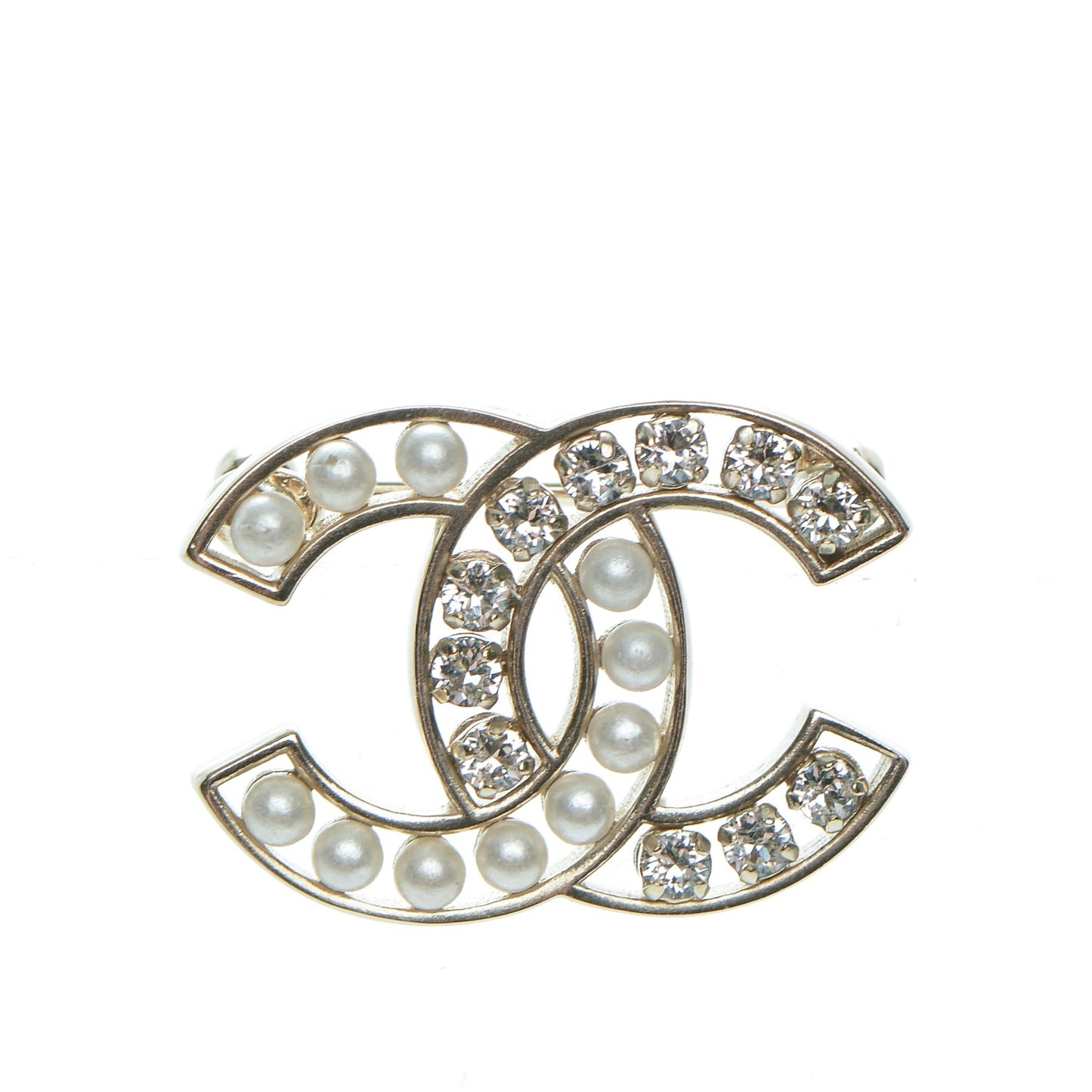 Pearl Crystal CC Brooch Gold