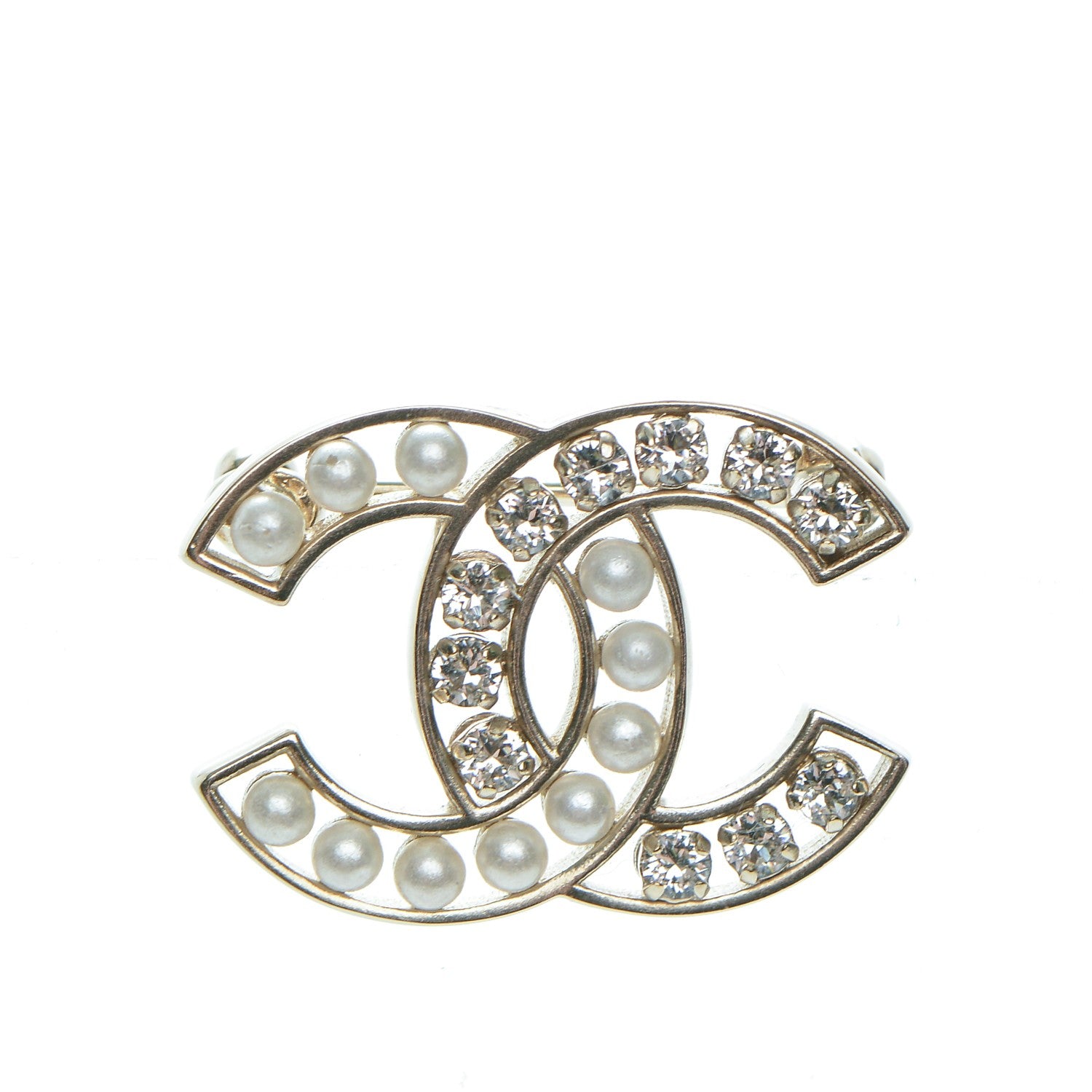 Chanel Pearl Crystal CC Brooch Gold 1 of 4