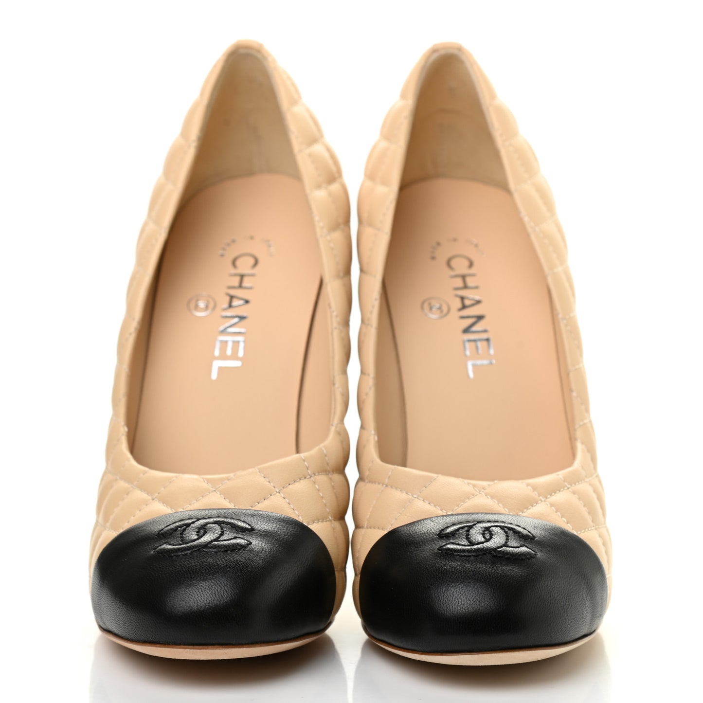 Lambskin Quilted CC Cap Toe Pumps 39.5 Beige Black