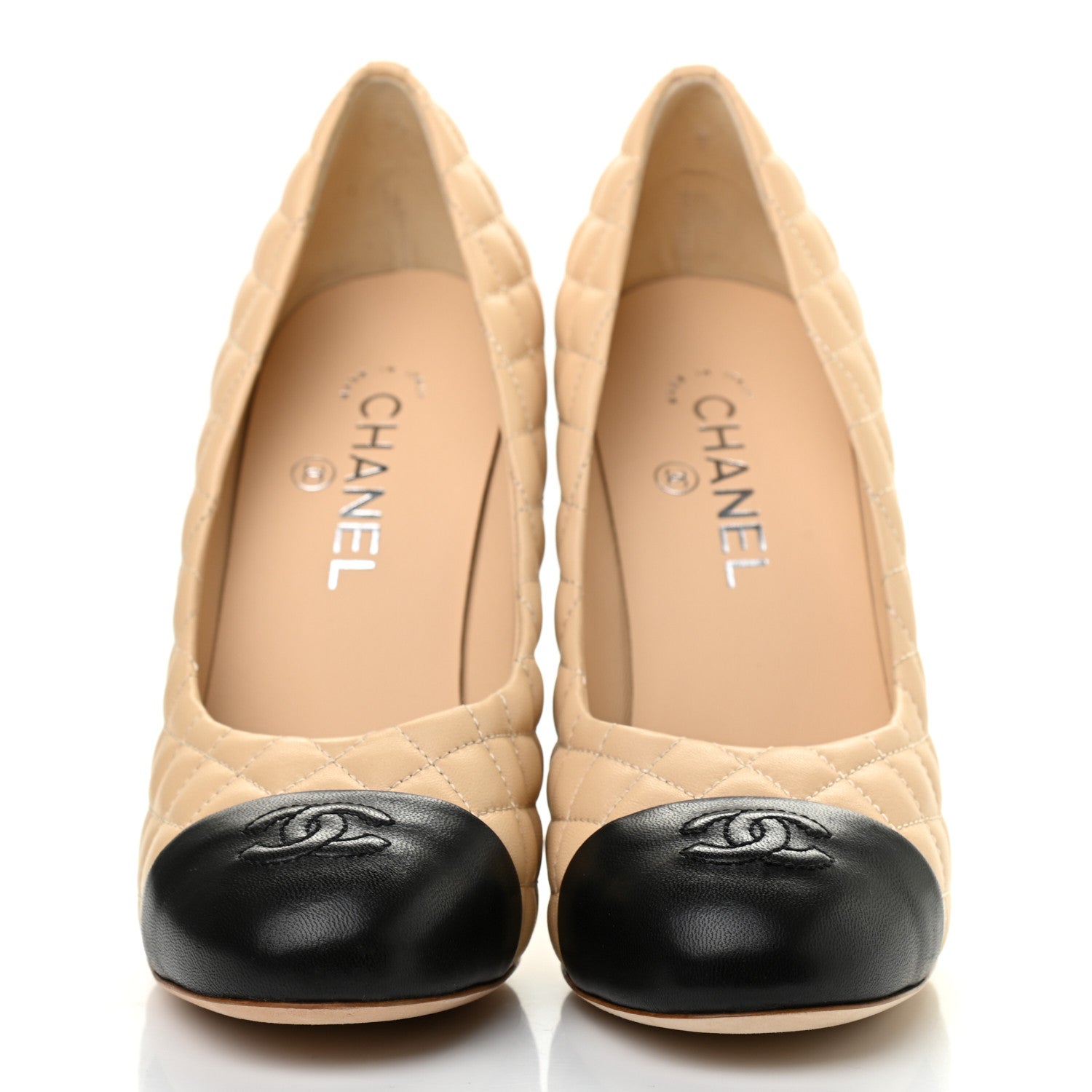 Chanel Lambskin Quilted CC Cap Toe Pumps 39.5 Beige Black 2 of 8