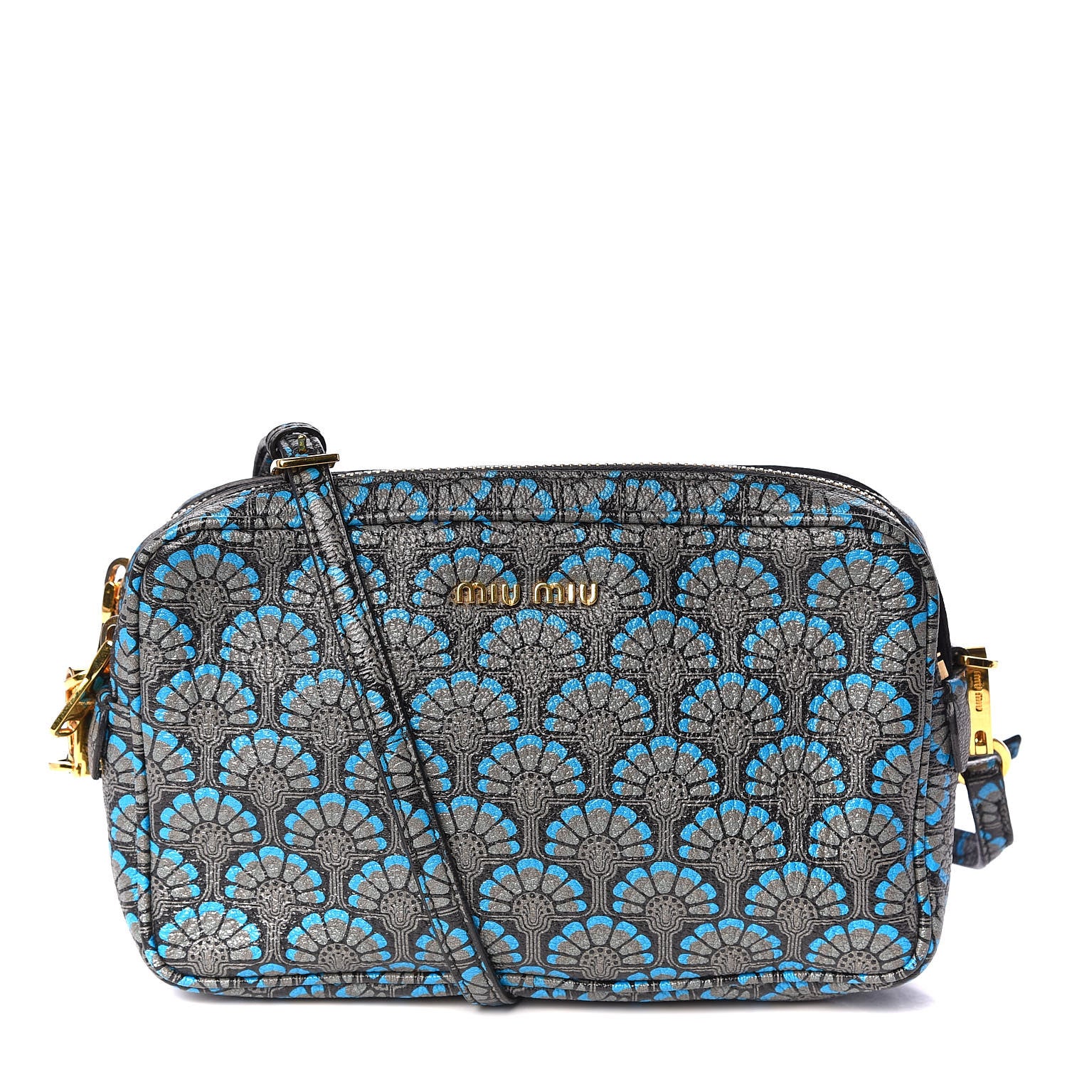 Miu Miu Goatskin Madras Dis Peacock Print Double Zip Crossbody Bag Asfalto 1 of 9