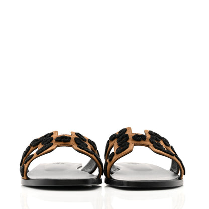 Hermes Suede Goatskin Tufted Leopard Womens Oran Sandals 39 Brun Fume Black 3 of 9