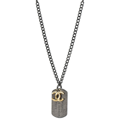 Chanel Ruthenium ID Dog Tag Charm Necklace Silver Gold 1 of 5