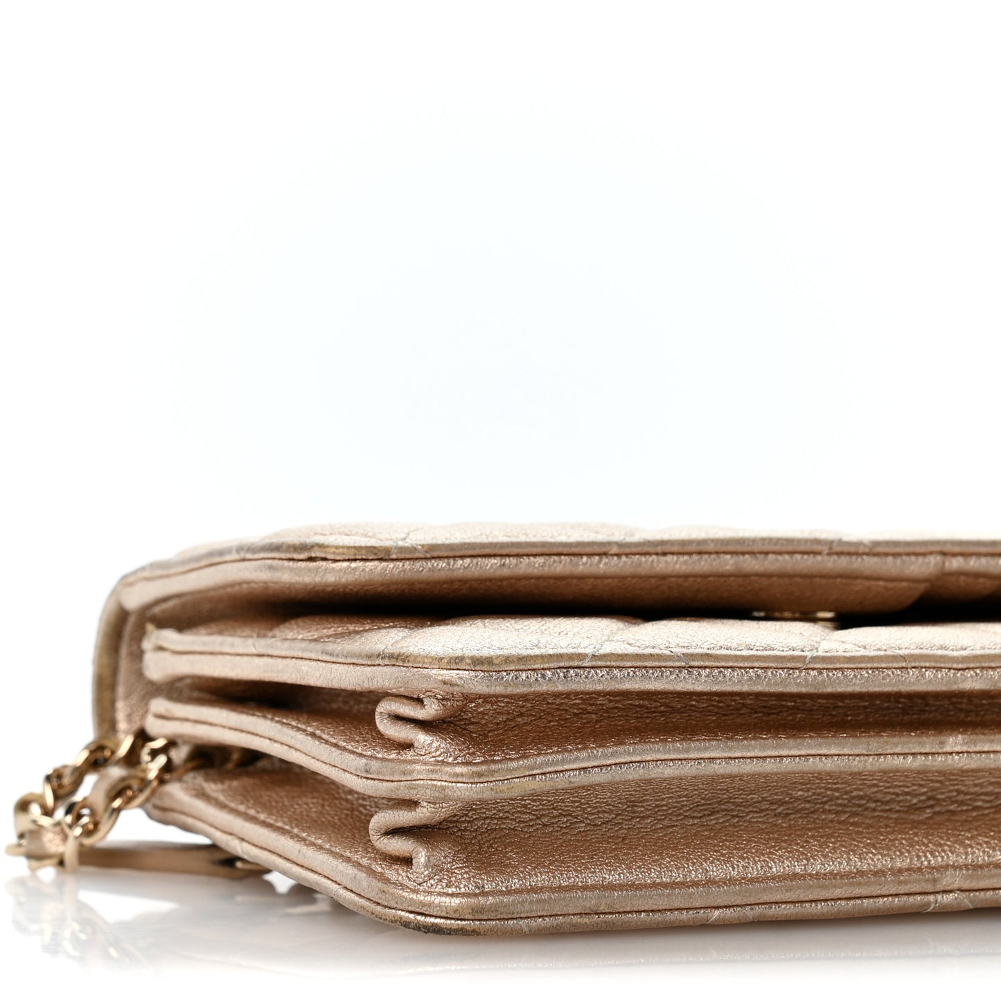 Metallic Lambskin Quilted Mini Wallet On Chain WOC Gold