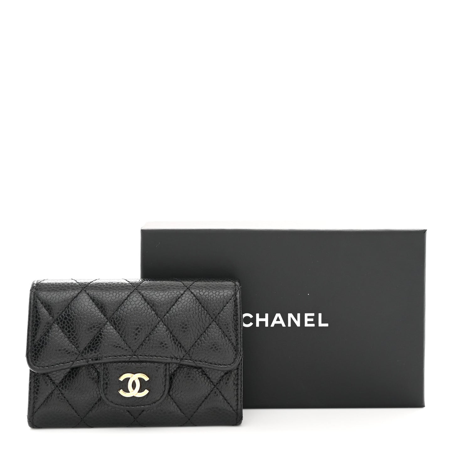 Caviar Quilted Flap Card Holder Wallet Black